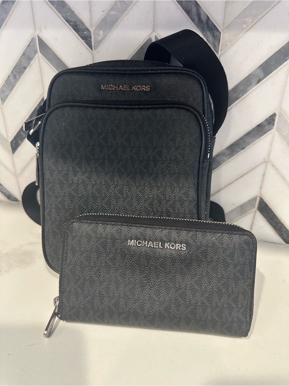 Michael Kors Black Monogram Crossbody with Zip Wallet Set